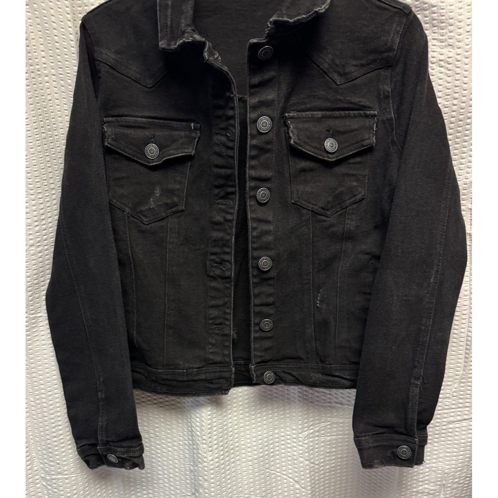 1511 Inc. Women's Distressed Size Medium Black Denim Trucker Pockets - Picture 2 of 12